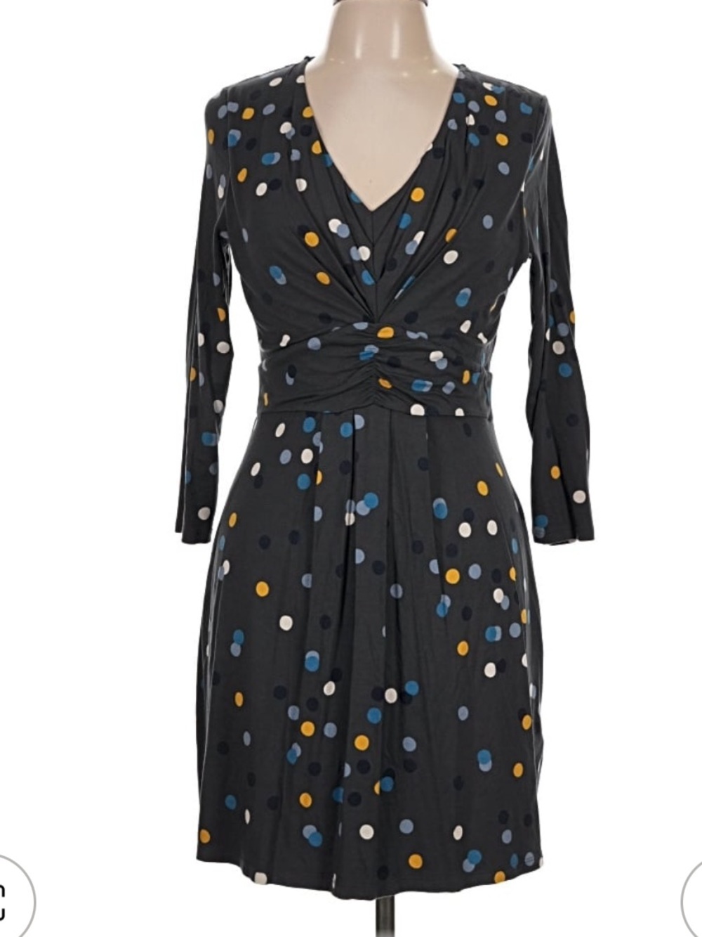 Boden Navy Polka Dot Dress V-Neck Ruched 3/4 Sleeve US 8R
